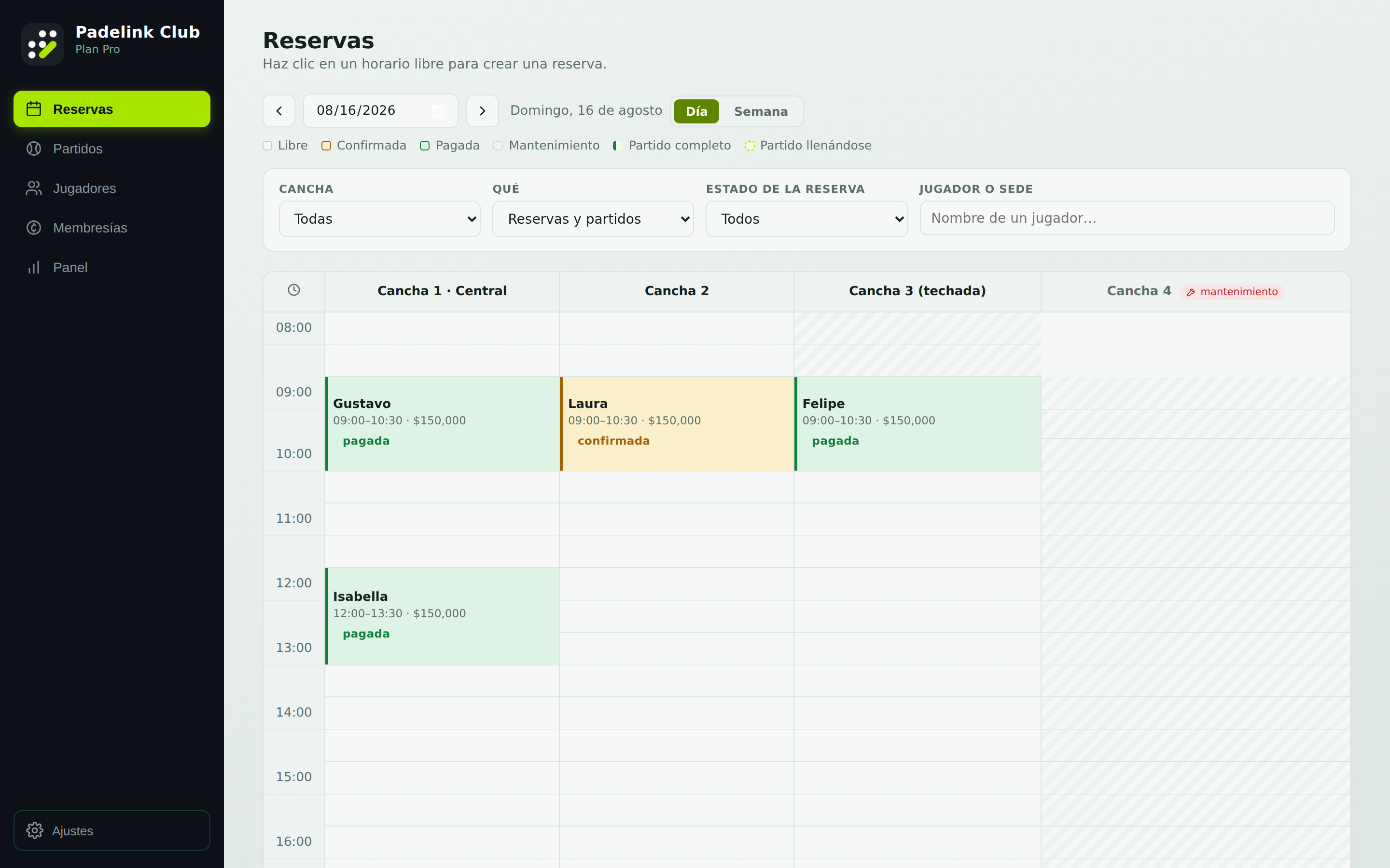 Calendario de reservas por cancha y hora